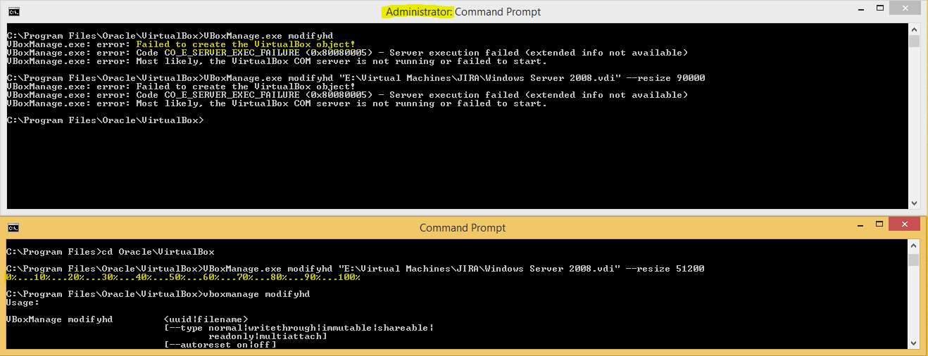 VBoxManage modifyhd Code CO_E_SERVER_EXEC_FAILURE (0x80080005) - Server ...